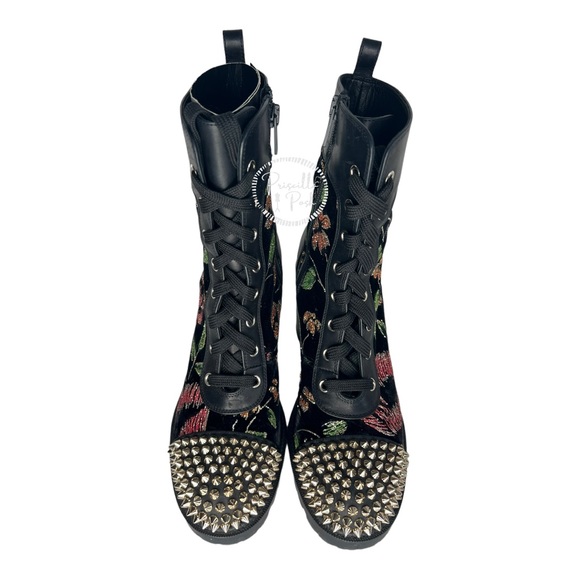 Christian Louboutin Croc Floral Studded Hiking Ankle Boots Black Spike Studded - Picture 7 of 15